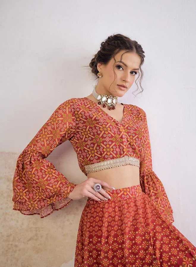 SASSAFRAS Maroon Floral Frill Sleeves Crop Top With Anarkali Skirt